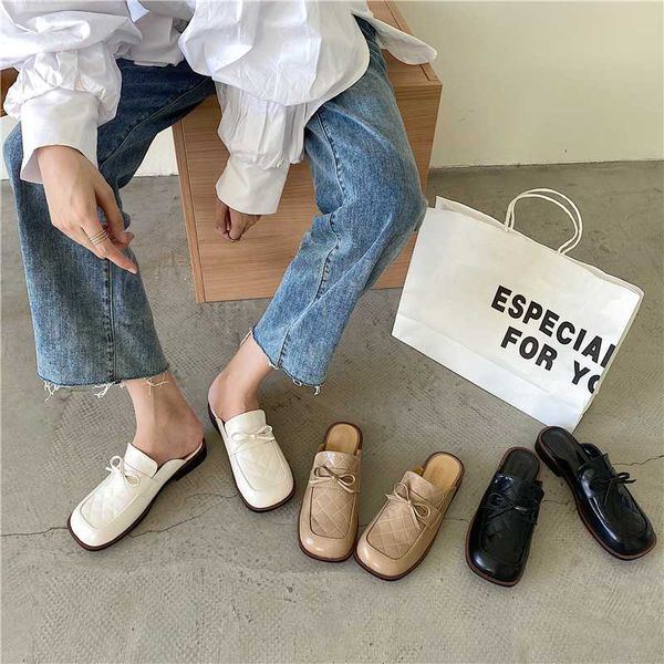 

new chunky heels slipper for women sewing plaid mule square toe slide bow knot sandals ladies casual flip flops zapatos de mujer, Black