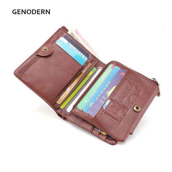 

genodern rfid trifold genuine leather men wallet man zipper male purse with card holders coin purse, Red;black
