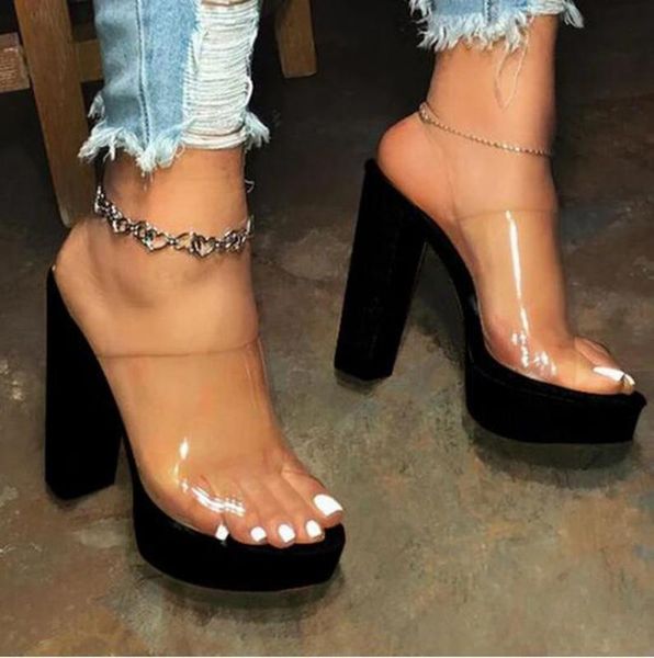 

dress shoes high heels sandals women thick open toe transparent heel casual slip-on slipper #3, Black