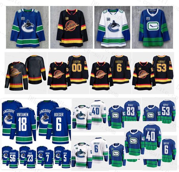 

50th season vancouver canucks jersey 40 elias pettersson 43 quinn hughes quinn hughes brock boeser bo horvat alexander edler micheal ferland, Black;red