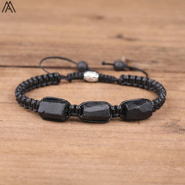 

natural black tourmaline nugget beads cord knotted braid bracelet adjustable women black lava stone woven bracelet, Golden;silver