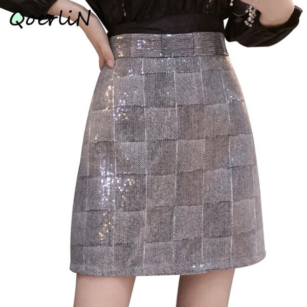 

weave sequin check high waist skirts all-match check a-line skirt short mini skirt fashion mini saia plus size zipper liner, Black