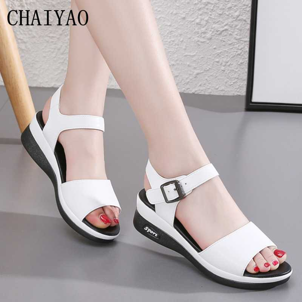 

women's sandals 2020 summer open toe soft wedges ladies footwear fashion pu leather buckle strap casual flatform women's shoes, Black