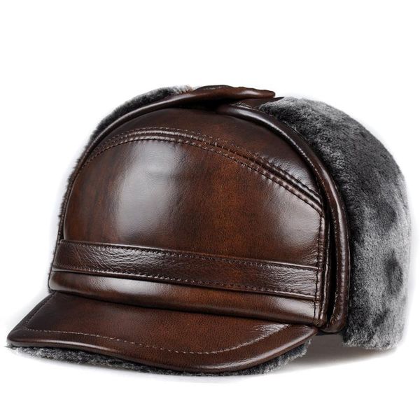 

new winter leather cap mens leather cap in the elderly leather hat lei feng hat warm with fur caps, Blue;gray