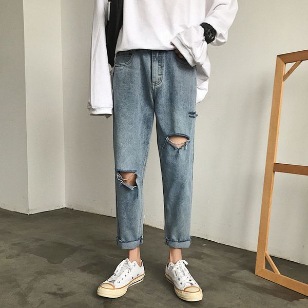 

men's jeans red pants korean version fashion ripped brand loose summer straight capri-pants men, Blue