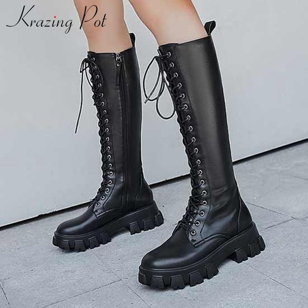 

krazing pot european style lace up thick bottom cow leather knight boots round toe waterproof winter warm thigh high boots l11, Black