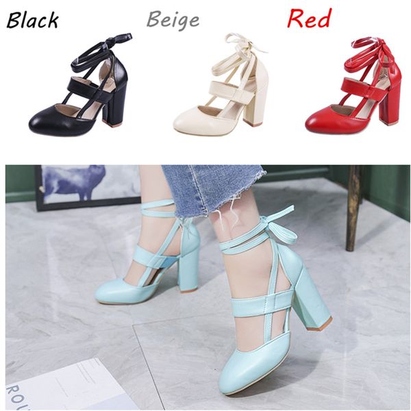 

dress shoes style ladies high heels pure candy color round toe sandals with lace up design fashionable wild plus size women's, Black