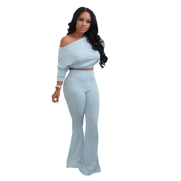 

women designer solid color tracksuits casual 2 piece batwing sleeve flared trousers fashion spring autumn o-neck two pieces outfit, White