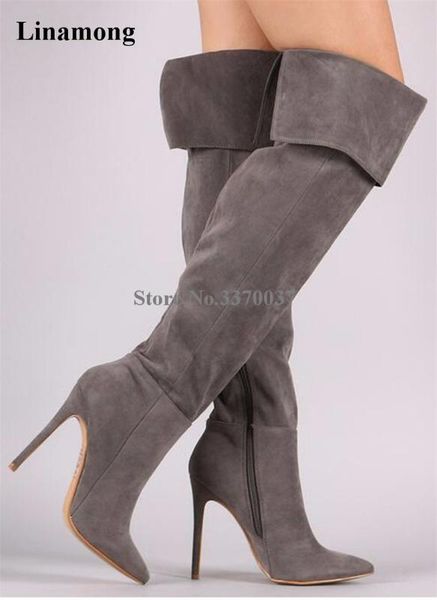 

new fashion women winter pointed toe suede leather over knee thin heel boots folded long high heel boots party shoes, Black