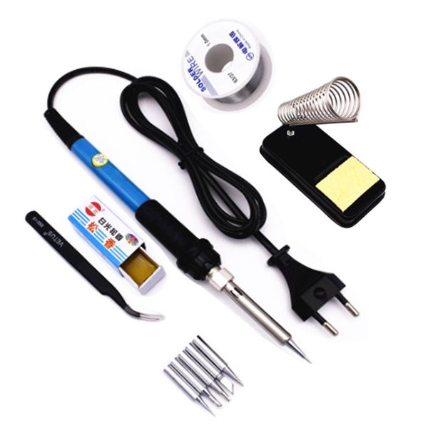 

electric soldering iron kit 60w eu 220v us 110v adjustable temperature with 5 welding tips iron stand solder wire tweezers rosin