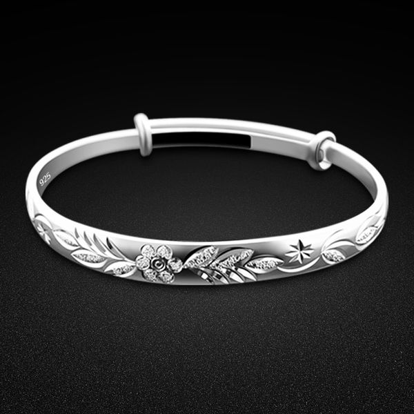 

new bohemian vintage retro silver bangles women. classic silver carved leaf plum bracelets zircon. solid 925 sterling silver, Golden;silver
