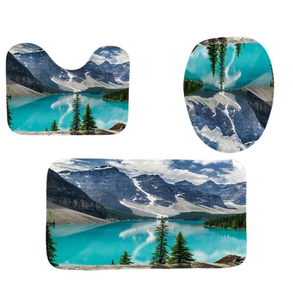 

3pcs/set non-slip lotus watercolor beach landscape pattern bathroom bathtub rug+lid toilet cover+bath floor mat drop ship