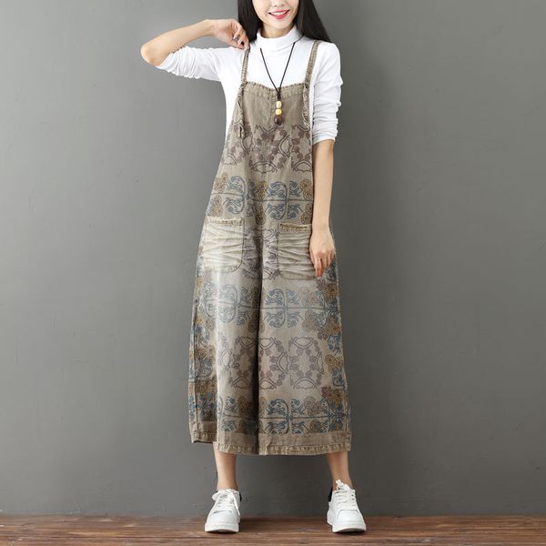 

women casual printed denim jumpsuits retro bleached scratched pattern print denim overalls rompers ladies wide leg jumpsuits, Black;white