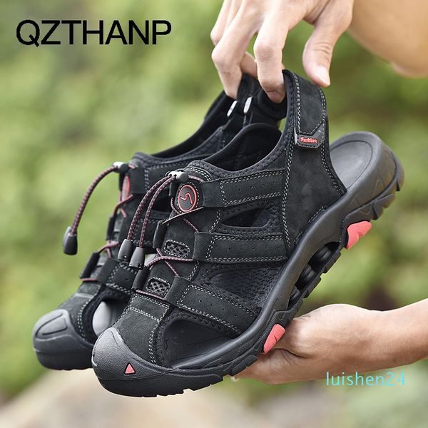 

brand summer genuine leather sandals men casual shoes sneakers outdoor beach shoes male rubber sole footwear sandale flats #184260 l24, Black