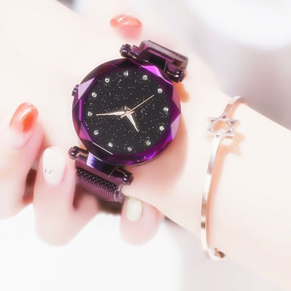 

stainless steel mesh bracelet watches for women crystal analog quartz wristwatches ladies sports dress clock luxury starry sky, Slivery;brown