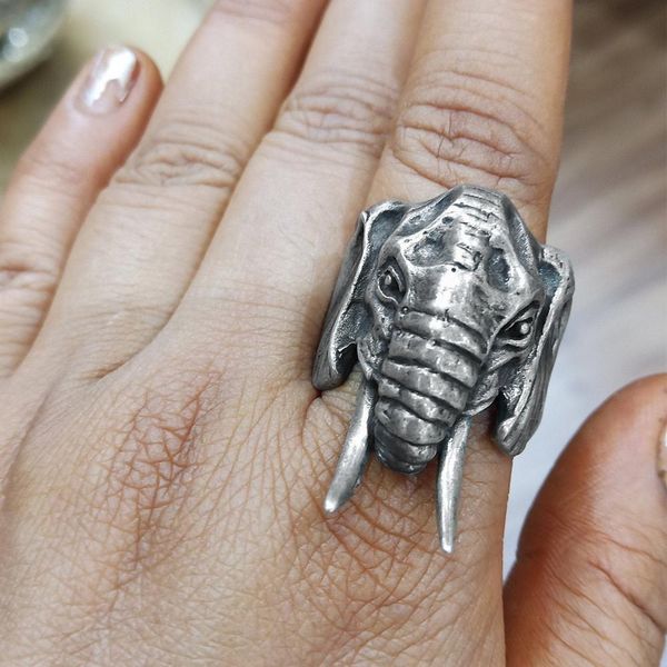 

men's fashion biker rings elephant head 316l stainless steel animal ring vintage tribal amulet jewelry size 7-12, Silver