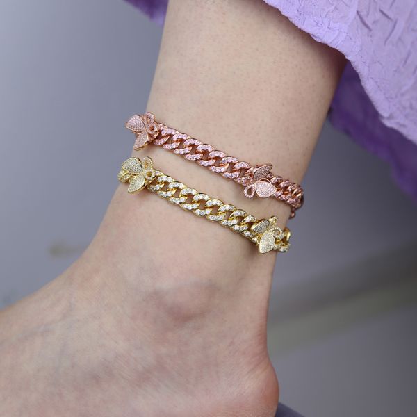 

New 10mm iced Out Bling cz Miami Cuban Link Anklet Chain with Butterfly women hiphop jewelry