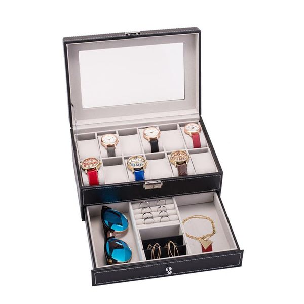 

12 slots watch box mens watch organizer lockable jewelry display case with real glass case faux leather black, Black;blue