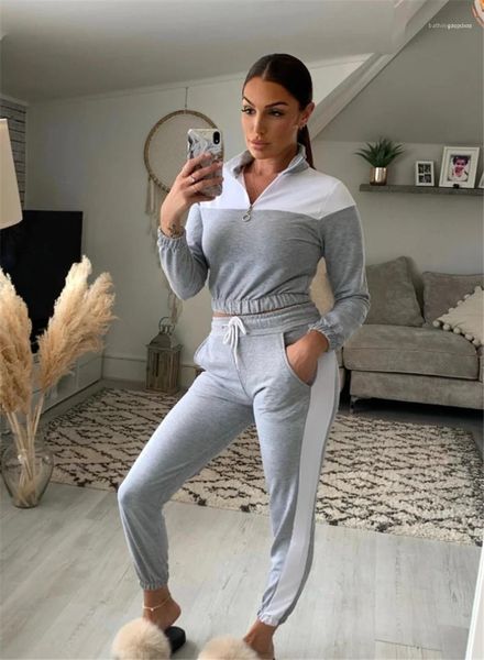 

piece outfits geometric panelled natural color tracksuits casual long sleeve short long pants womens two, Gray