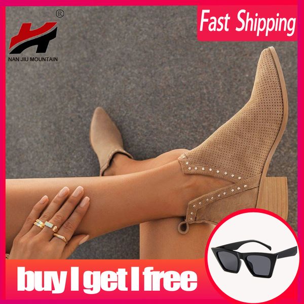 

nan jiu mountain 2020 ankle boots for women low heel boots women pointed boots handmade rivets spring autumn women's shoes, Black