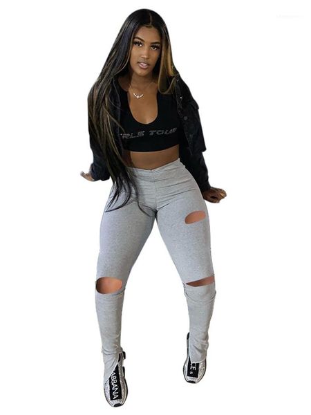 

clothing designer women pants fashion hole panelled stacked pants casual elastic waist natural color pants womens, Black;white
