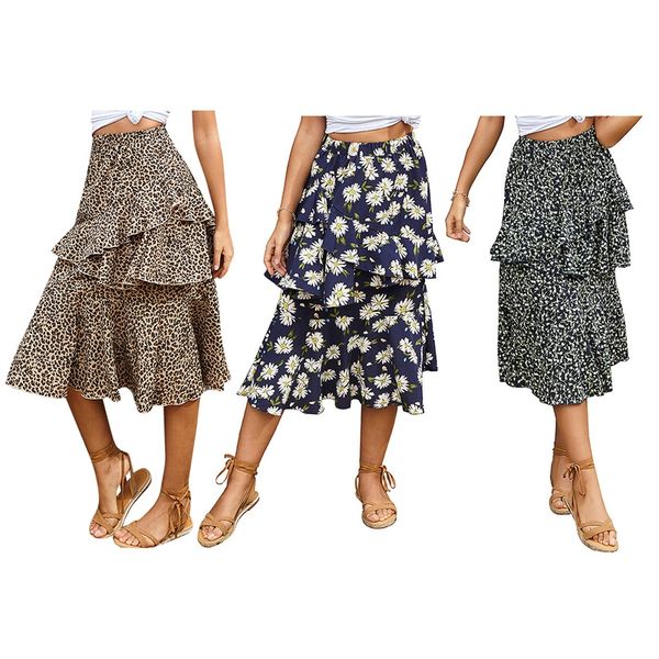 

skirts high waist women summer chiffon skirt casual holiday floral, Black