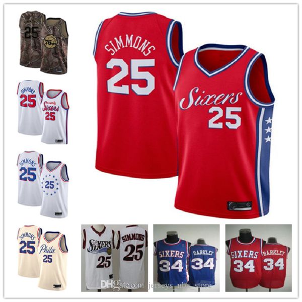 

custom men's womens youth philadelphia 76ers 25 ben simmons 34 charles black grey red throwback basketball nba jersey, Black;red