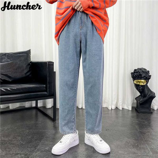 

huncher mens jeans men 2020 hip hop fashion kpop korean streetwear hip hop ankle length denim pants blue baggy jeans for men