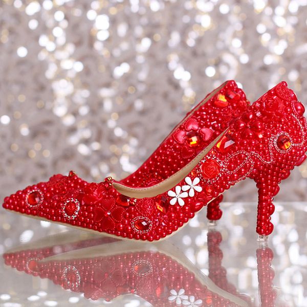 

beautiful red color formal shoes customized high heel shoes pointed toe bride pearl princess pumps elegant wedding, Black
