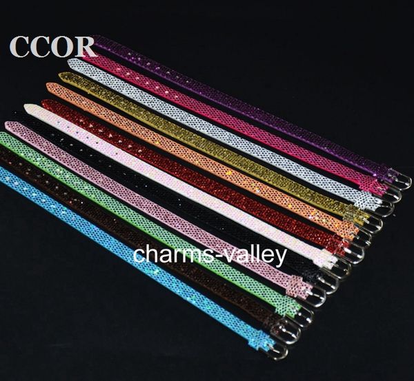 

ccor 20-100pcs 8*210mm sequins leather wristbands bracelets fit 8mm slide charms slide letter bead diy accessories swd026, Golden;silver
