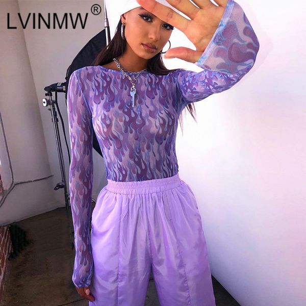 

lvinmw flame print mesh see through o neck slim t shirt 2020 autumn women fashion long sleeve tees female streetwear, White