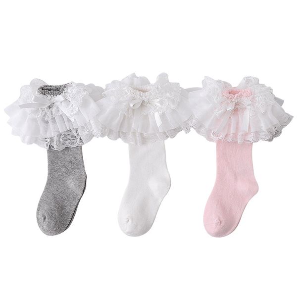 

autumn spring kids lace stocking girls 3 layers lace bowknot 3/4 knee high socks children cotton princess socks girls breathable legs s627, Pink;yellow