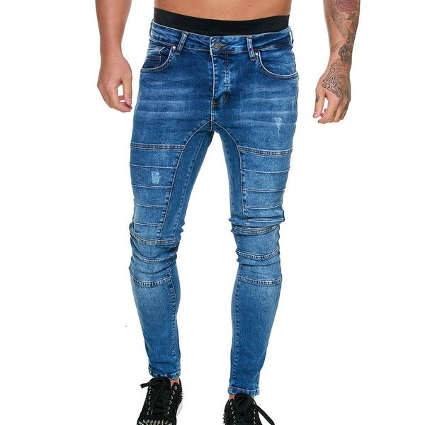

Washed Denim Men Pants Skinny Hip Hop Jeans Streetwear Patchwork Blue Men Jeans Pants Slim Stretch Biker Pencil Trouser