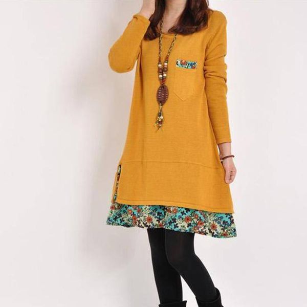 

women floral patchwork pullover dress spring plus size female clothing floral stitching casual lady dress o-neck pullover, Black;gray