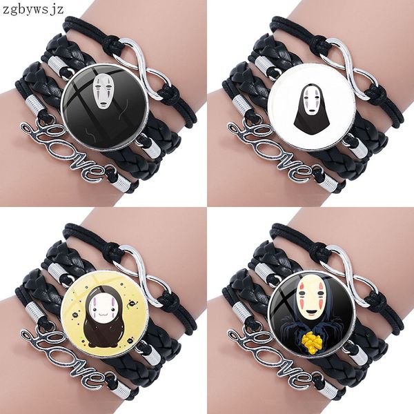 

jewelry glass cabochon multilayer black leather bracelet bangle jewelry for women girls cartoon no face, Golden;silver