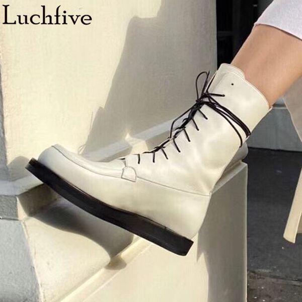 

boots lace up women's round toe platform shoes woman runway 2021 ladies black white leather women