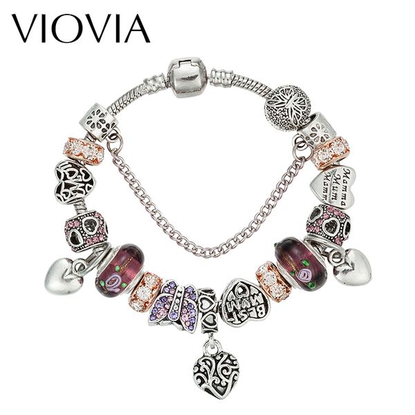 

viovia vintage silver color charm glass bracelets for women crystal heart bead bracelets & bangles pulseras diy jewelry b16147, Red;blue