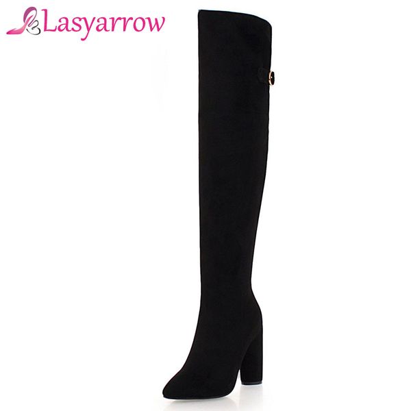 

lasyarrow fashion autumn winter women boot ladies casual rhinestone zipper thigh high boots flock thick high heel long shoe f526, Black