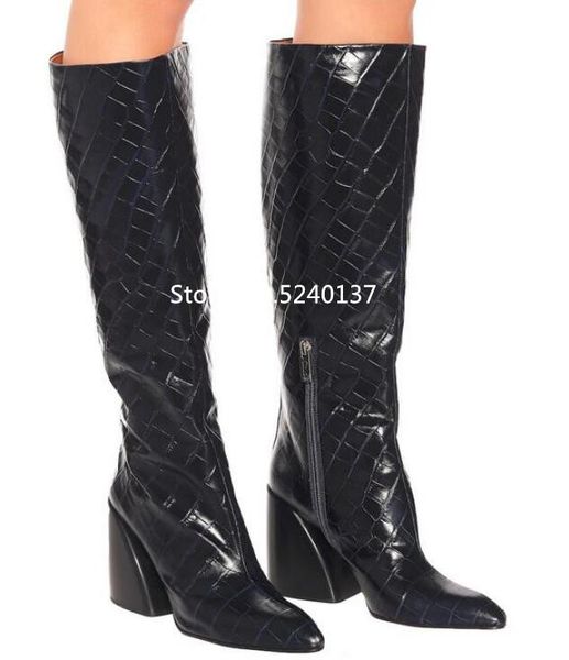 

chunky heel women knee-high boots pointed toe crocodile embossing autumn/winter knight boots zapatos mujer, Black