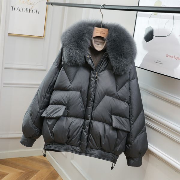

janveny 90% white duck down jacket women winter fox fur collar feather down coat female thick warm short loose puffer jackets, Black;white