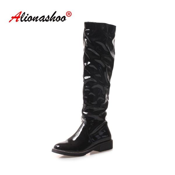 

2020 winter new knees high flat boots women patent leather fashion boots slip on zapatos de mujer solid riding motorcycle shoes, Black