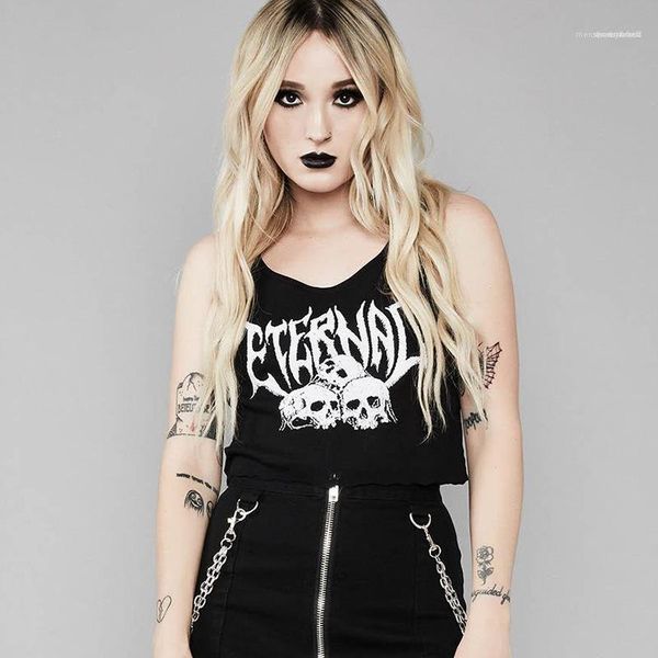 

sleeveless slim female tshirts girls gothic black crop summer skull letter printed womens tank top, White
