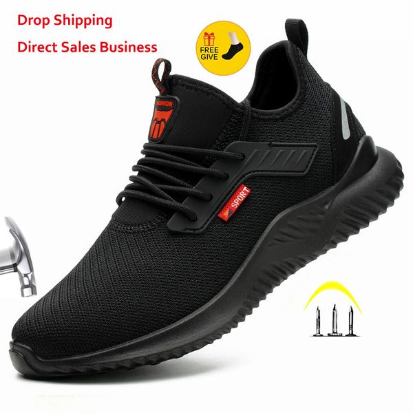 

indestructible shoes men safety work shoes with steel toe cap puncture-proof boots lightweight breathable sneakers dropshipping, Black