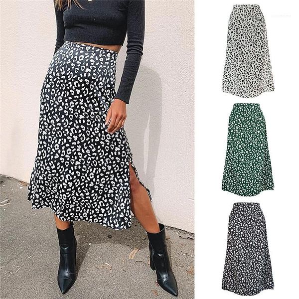 

skirt high waist zipper medium long skirt 2020 womens designer skirts leopard chiffon printed split, Black