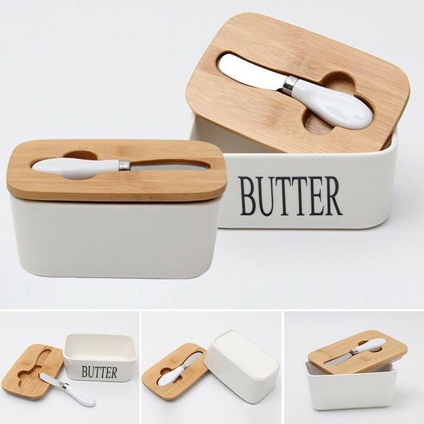 Butter Box Nordic Keramik Container Lagerung Tablett Teller Käse Lebensmittel Werkzeug Küche Keeper Holz Abdeckung Dichtung Platte + Messer