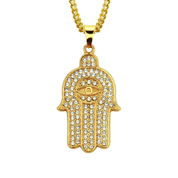 

new men gold plated iced out bling lucky fatima hamsa buddha hand pendant necklaces hip hop cuban chain jewelry, Silver
