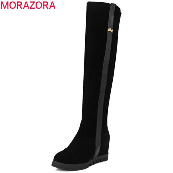 

morazora over the knee boots in autumn winter height increasing women boots female flock zip solid fashion big size 34-43, Black