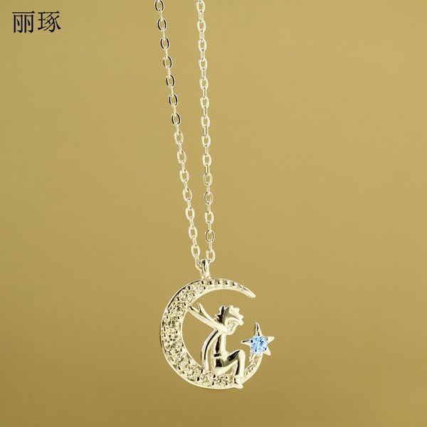 

little prince ins with money chain female korean cartoon boy fashion star moon stud zircon student girlfriends necklace, Silver