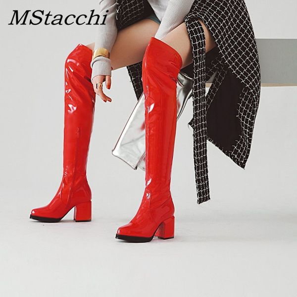 

mstacchi классический толстые каблуки круглый toe длинные сапоги женщины серебряный лакированной кожи knee high botas mujer зима теплая парт, Black