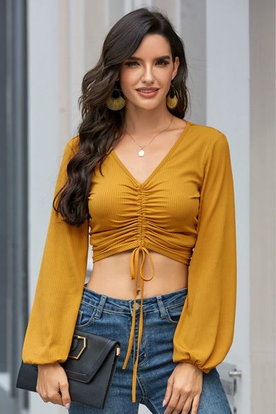 

women short tees fashion long lantern sleeve bare midriff 2020 autumn v-neck smoke plait girls t-shirt pure color sell, White